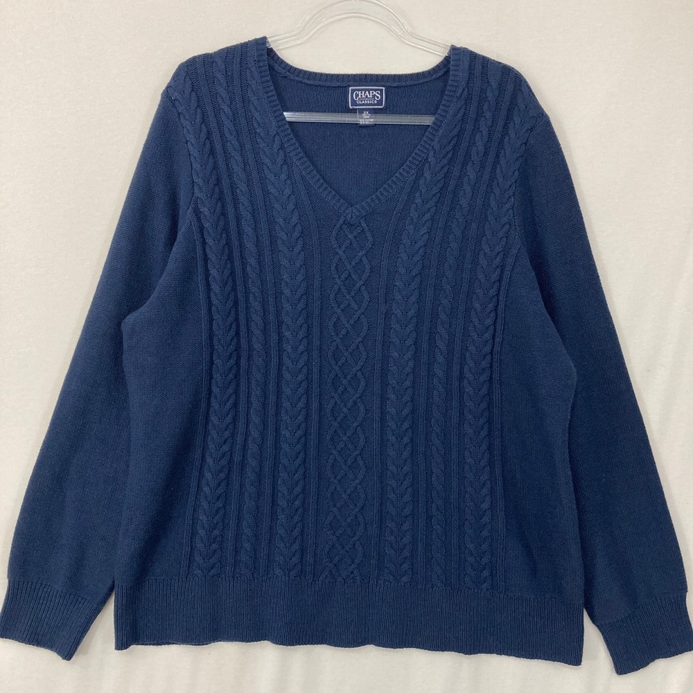 Chaps Womens Classics V-Neck Sweater 2X Navy Cable Knit Pullover Cotton Blend